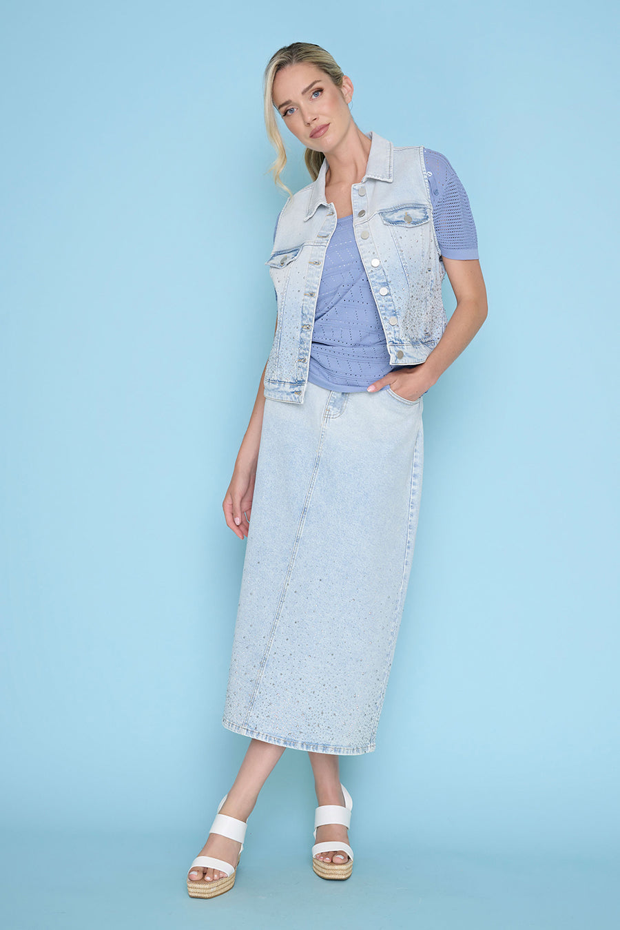 Rhinestone Denim Long Skirt