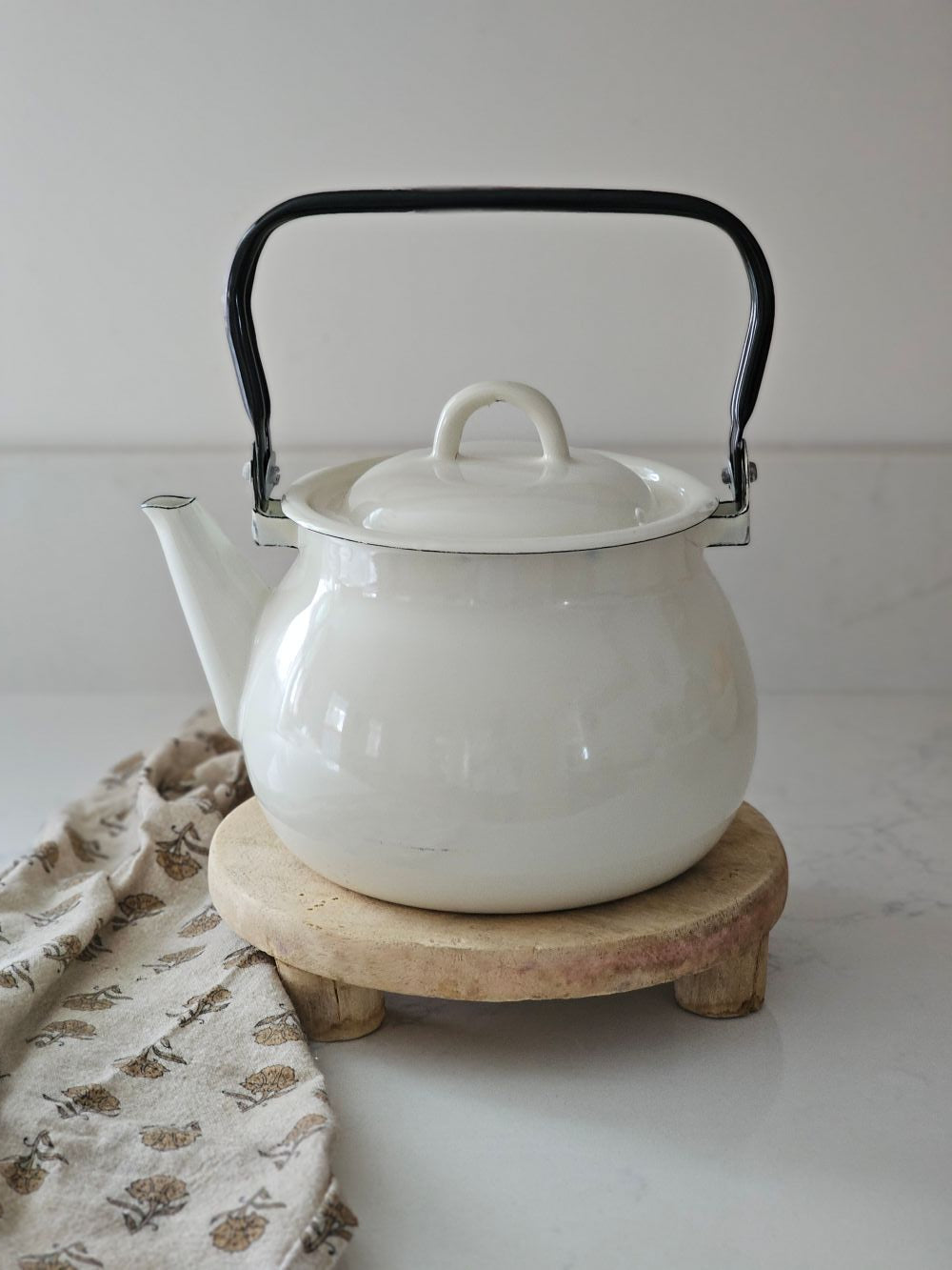 Enamel Kettle in Ivory with Black Handle