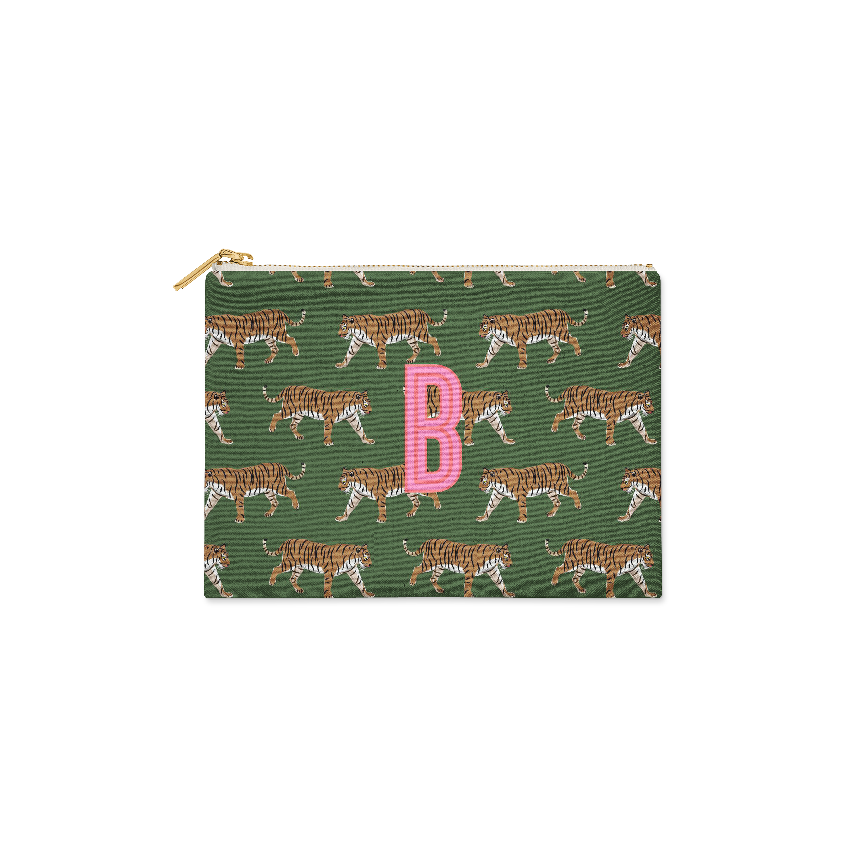 Single Initial - Small Flat Zip Pouch Tiger Green - New!